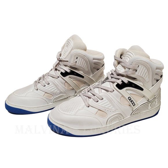 GUCCI MENS SNEAKERS HIGH TOP BASKET GG LOGO LEATHER FABRIC SHOES - Picture 4 of 16